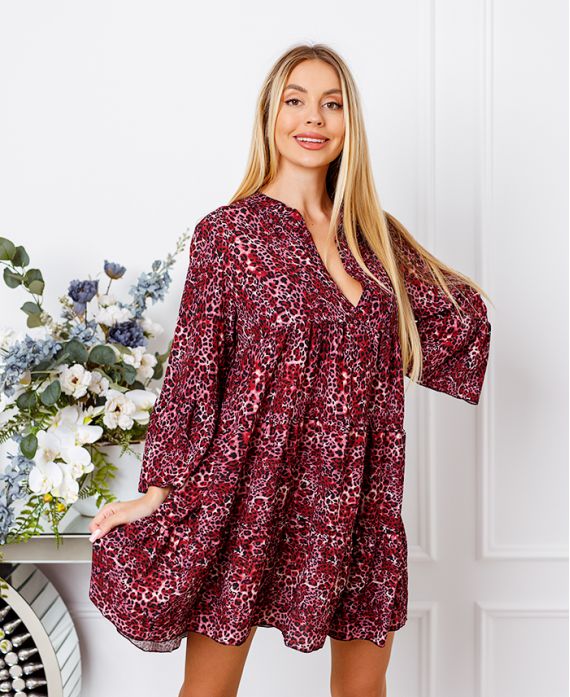 LEOPARD EVASEE DRESS 18803I2 BURGUNDY