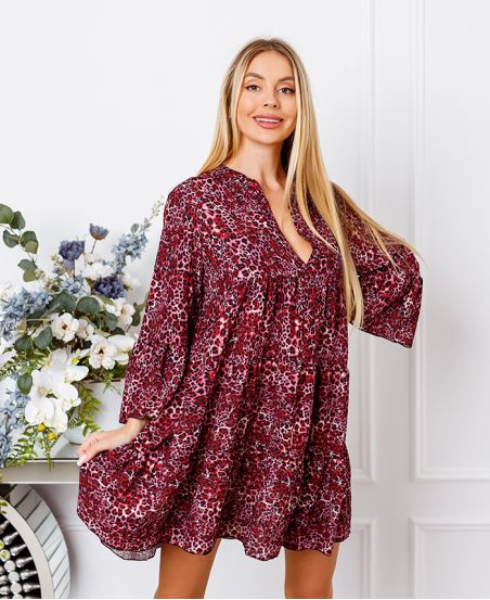 LEOPARD EVASEE DRESS 18803I2 BURGUNDY