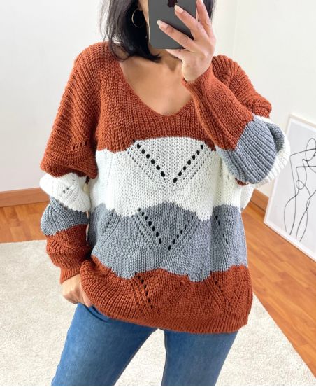 V-NECK PULLOVER AJOUR MULTI-COLOR BRICK R19A