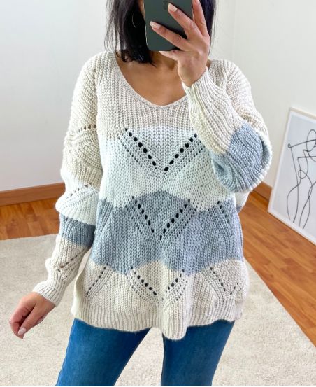 V-NECK PULLOVER AJOUR MULTI-COLOR BEIGE R19A