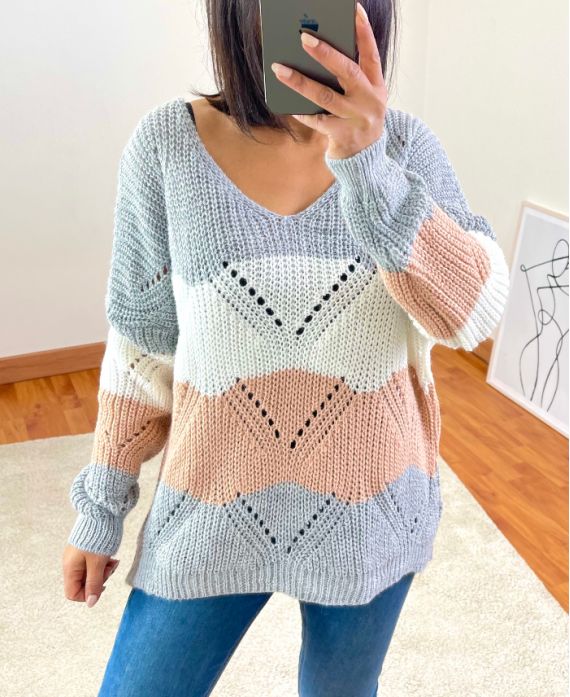 PULLOVER CON SCOLLO A V AJOUR GRIGIO MULTICOLORE R19A