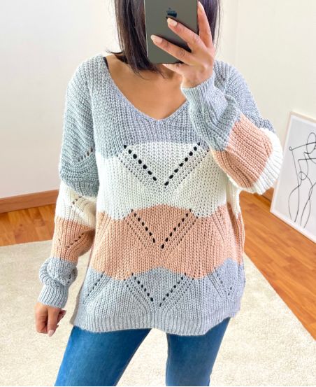 PULLOVER CON SCOLLO A V AJOUR GRIGIO MULTICOLORE R19A