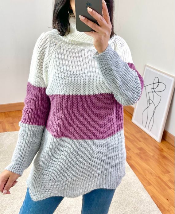 Fioletowy wielokolorowy sweter ze stójką A102