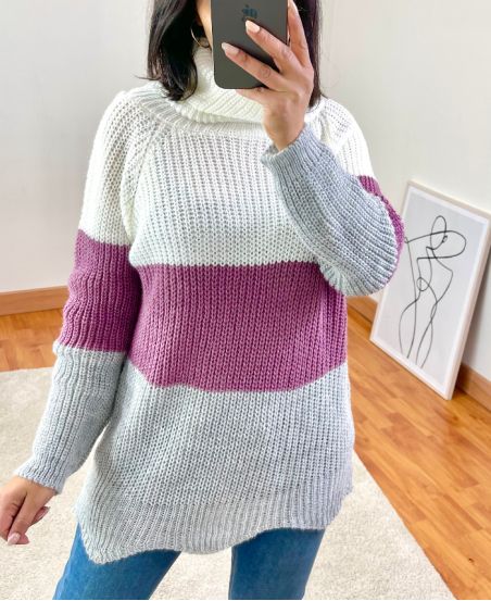 PULLOVER COL ROULE MULTI-COLORE A102 MAUVE