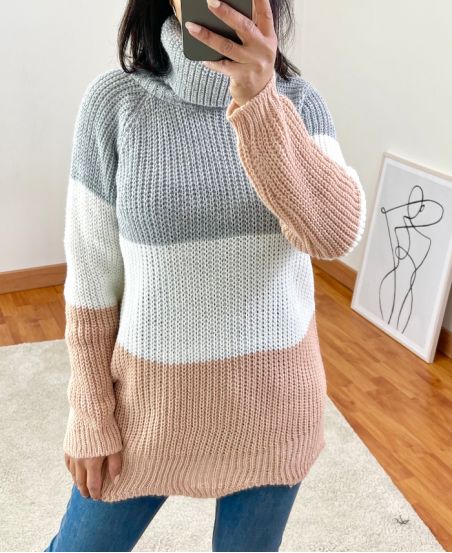 Wielokolorowy sweter ze stójką A102 w kolorze szarym