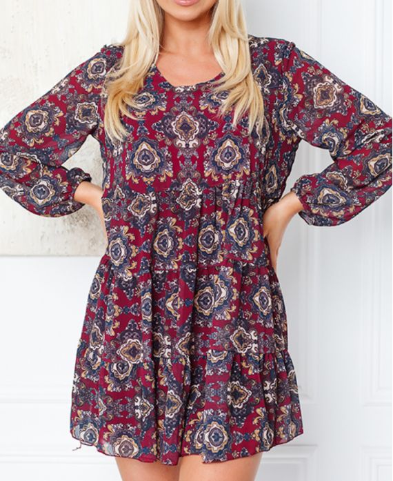 V-NECK PRINT DRESS 9464I2 BURGUNDY