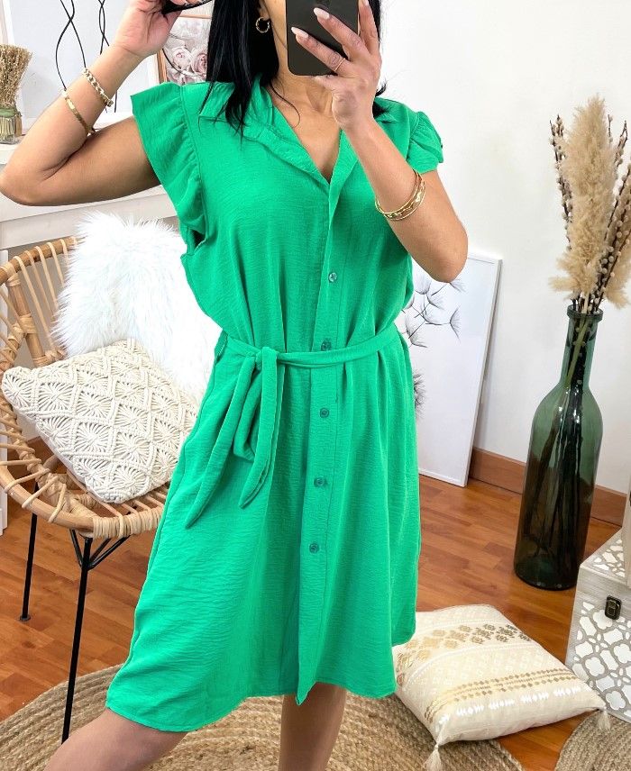 SHIRT DRESS WITH TIE AND FRILLY SLEEVES 