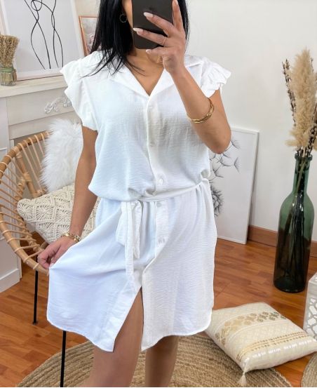 SHIRT DRESS WITH TIE AND FRILLY SLEEVES 1762 WHITE