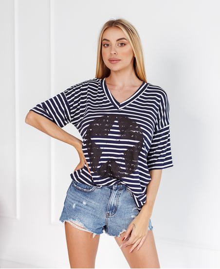 T-SHIRT RAYE ETOILE 1275 BLEU MARINE