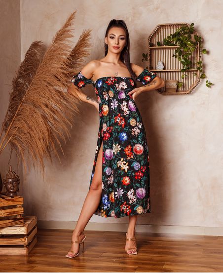 ROBE LONGUE FENTE A FLEUR 1137 NOIR