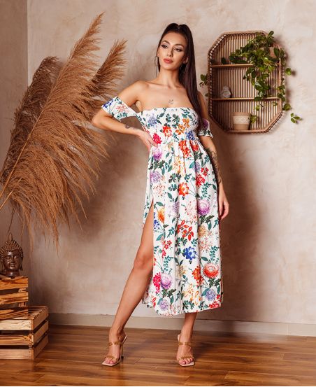 LONG FLORAL SLIT DRESS 1137 WHITE