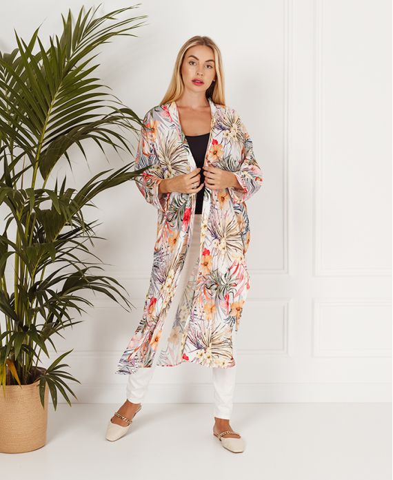 BIAŁE DŁUGIE TROPIKALNE KIMONO 6720I2