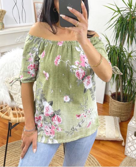 TOPS PRINTS SHOULDERS DENUDEES 1029 GREEN