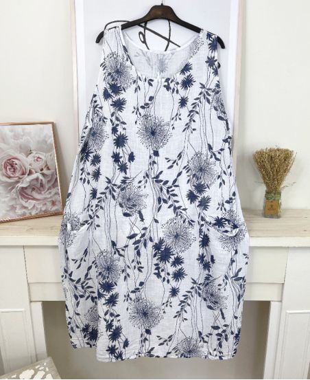 PRINTED COTTON DRESS WITH 2 POCKETS M10 WHITE
