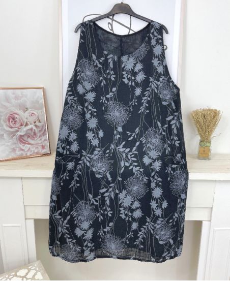 Bedrukte katoenen jurk met 2 zakken M10 zwart