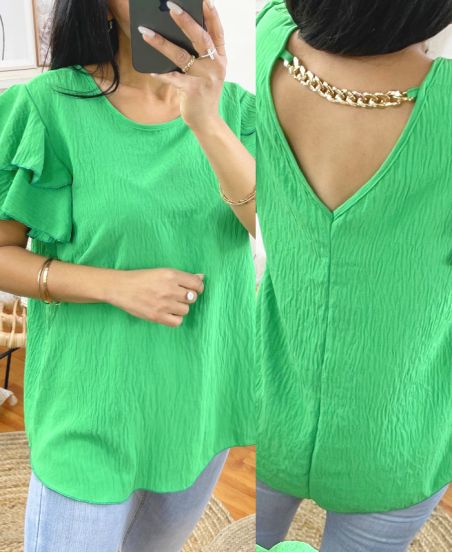 OPEN BACK FRILLY SLEEVE TUNIC M41 EMERALD GREEN