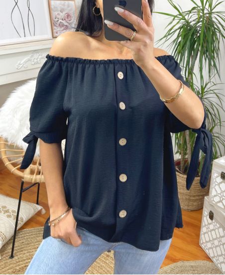 ELASTIC NECKLINE TOP WITH BUTTONS M44 BLACK