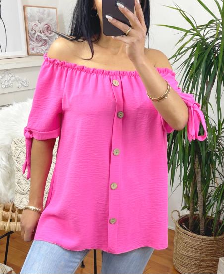 ELASTIC NECKLINE TOP WITH BUTTONS M44 FUSHIA