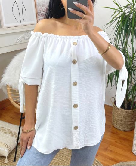 ELASTIC NECKLINE TOP WITH BUTTONS M44 WHITE