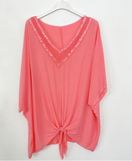OVERSIZE SEQUINED TUNIC M36 CORAL