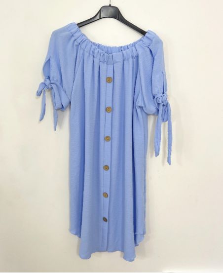 Elastische hals jurk met knopen M43 SKY BLUE