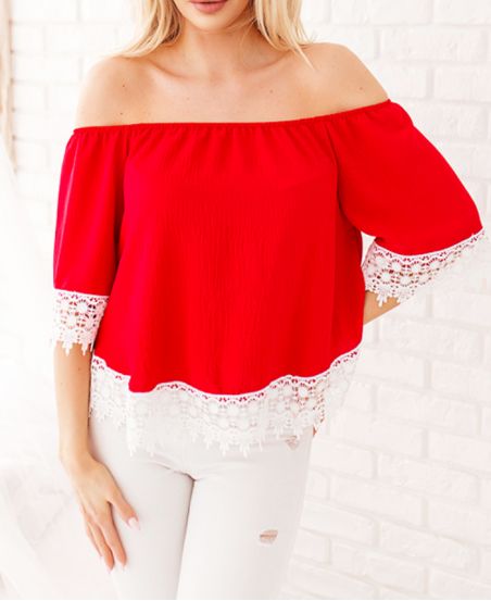 LACE ELASTIC COLLAR TOP 3929 RED