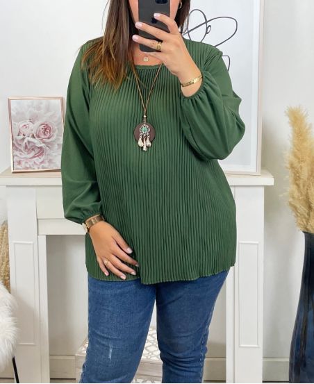 PLUS SIZE PLEATED TUNIC WITH NECKLACE OFFERED 2687 MILITARY GREEN