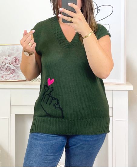 GRANDE TAILLE PULL SANS MANCHES PETIT CŒUR 22009 VERT MILITAIRE