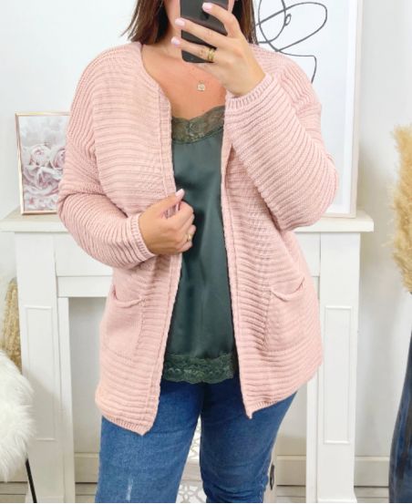 GRANDE TAILLE GILET 2 POCHES MAILLE 22004 ROSE