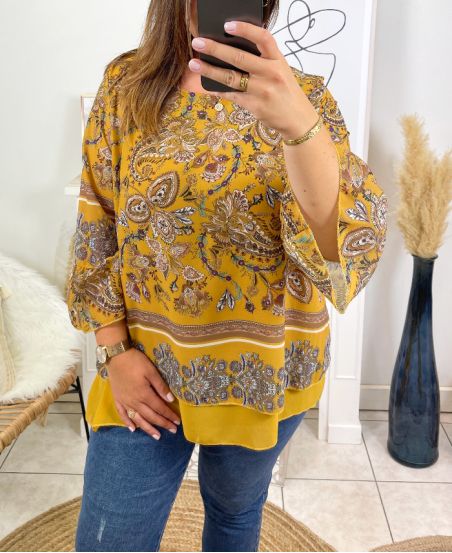 PLUS SIZE BEDRUKTE GELAAGDE TUNIEK 2518 MOSTERD