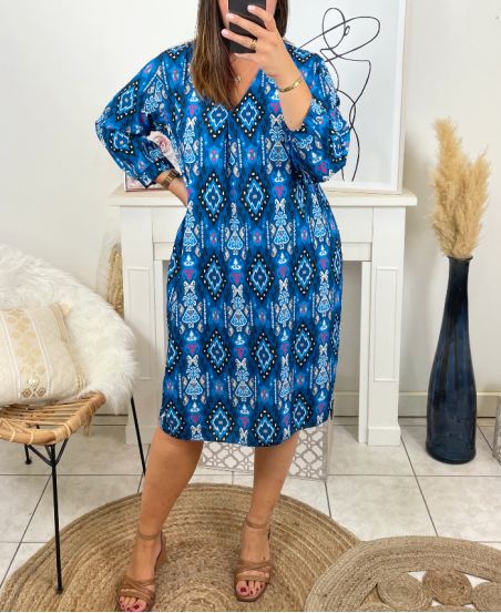 GRANDE TAILLE ROBE FLUIDE IMPRIMEE 2683I1 BLEU AZUR