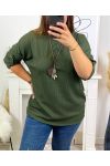 PLUS SIZE T-SHIRT WITH FREE NECKLACE 17038 MILITARY GREEN