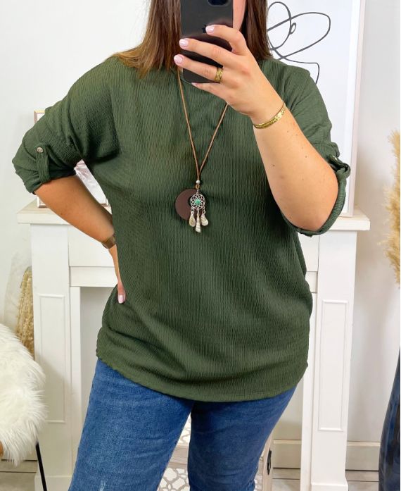 PLUS SIZE T-SHIRT WITH FREE NECKLACE 17038 MILITARY GREEN