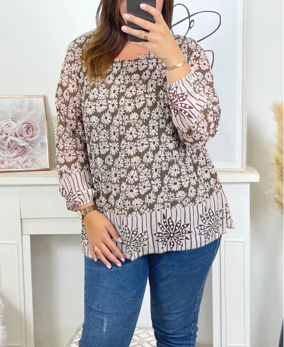 PLUS SIZE PLEATED PRINTED TUNIC 17215 KHAKI