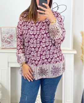 PLUS SIZE PLEATED PRINTED TUNIC 17215 BURGUNDY