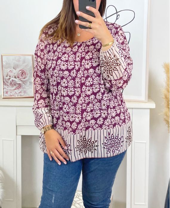 PLUS SIZE GEPLOOIDE BEDRUKTE TUNIEK 17215 BORDEAUX