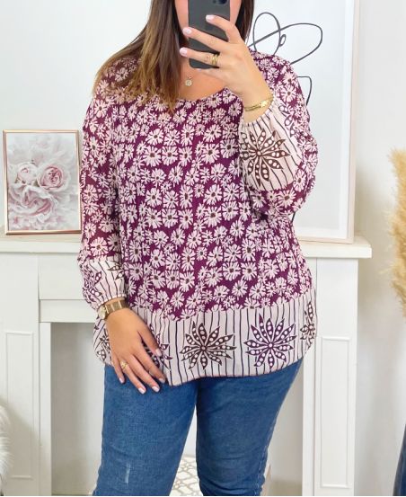 PLUS SIZE PLEATED PRINTED TUNIC 17215 BURGUNDY