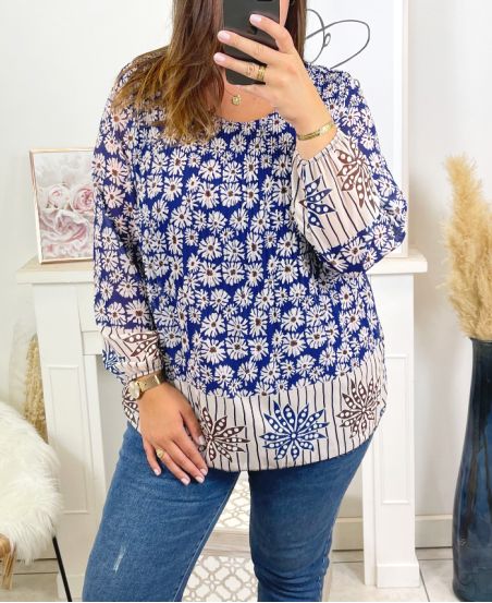 PLUS SIZE PLEATED PRINTED TUNIC 17215 ROYAL BLUE