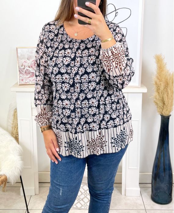 PLUS SIZE GEPLOOIDE BEDRUKTE TUNIEK 17215 ZWART