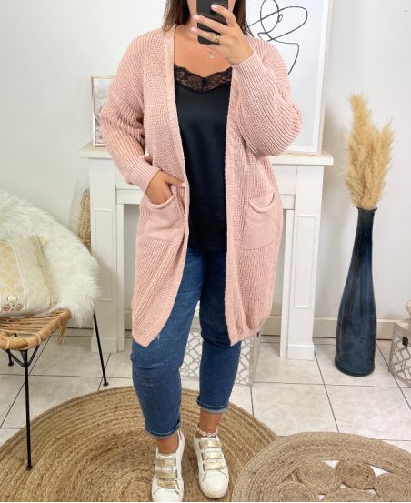 GRANDE TAILLE GILET LONG 2 POCHES 3008 ROSE