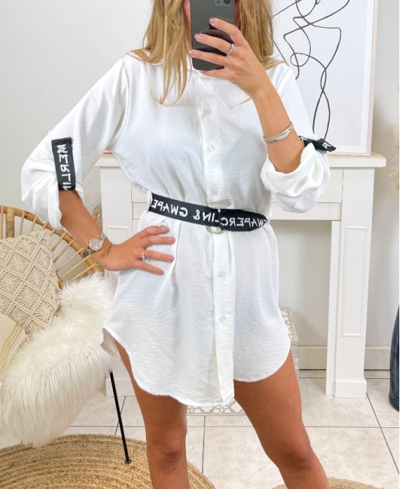 FLOWING TUNIC WITH DETAILS AND BELT FASHION SU104 WHITE