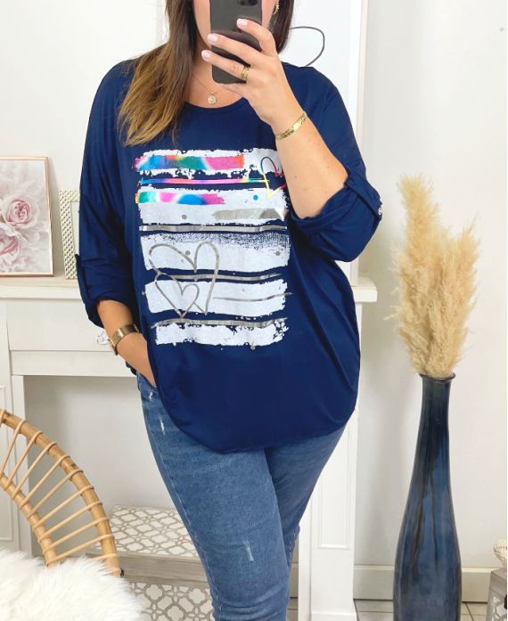 GRANDE TAILLE T-SHIRT IMPRIME FASHION 19010 BLEU MARINE