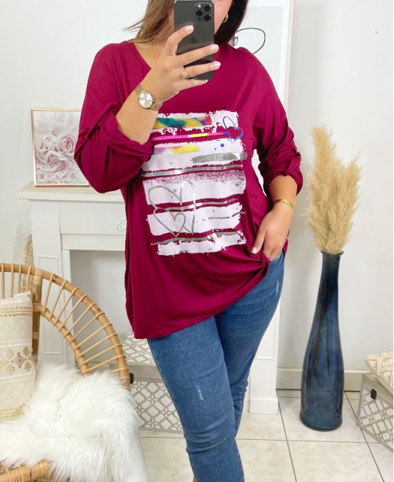 DUŻY ROZMIAR T-SHIRT Z NADRUKIEM MODA 19010 BORDEAUX