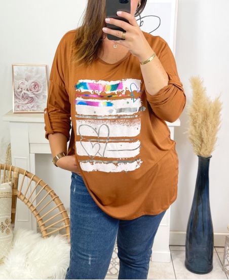 GRANDE TAILLE T-SHIRT IMPRIME FASHION 19010 CAMEL