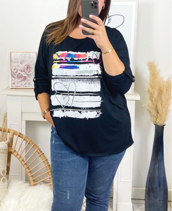 GRANDE TAILLE T-SHIRT IMPRIME FASHION 19010 NOIR