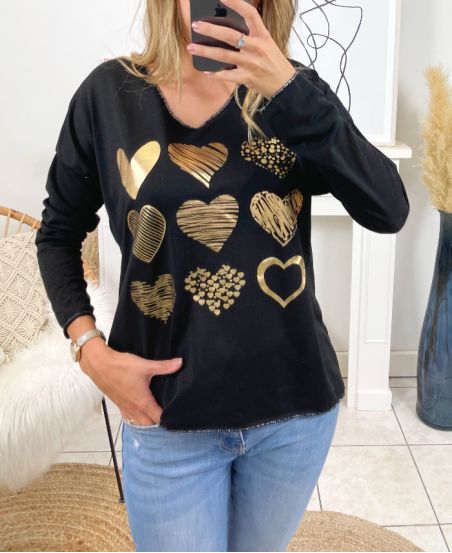 PULL FIN PETITS CŒURS SA11 NOIR