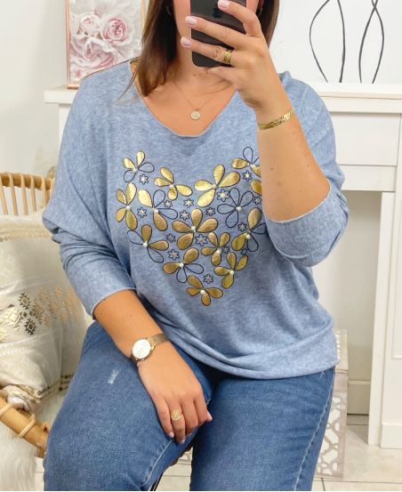 LARGE SIZE FINE SWEATER WITH PEARLS 2151 GRAY