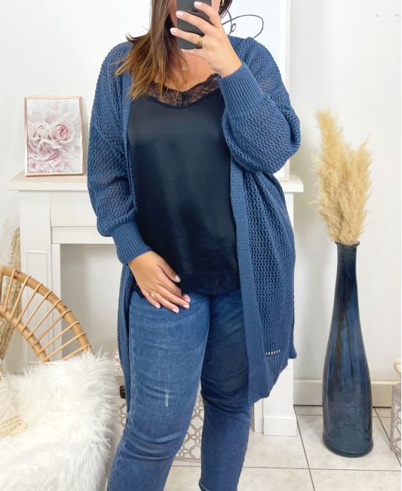 GRANDE TAILLE GILET LONG AJOURE 3016 BLEU