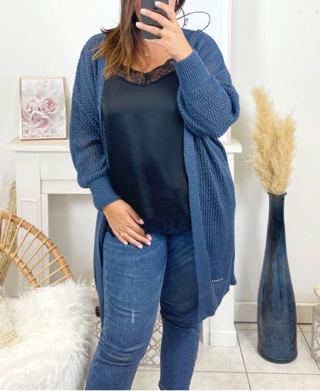 GRANDE TAILLE GILET LONG AJOURE 3016 BLEU