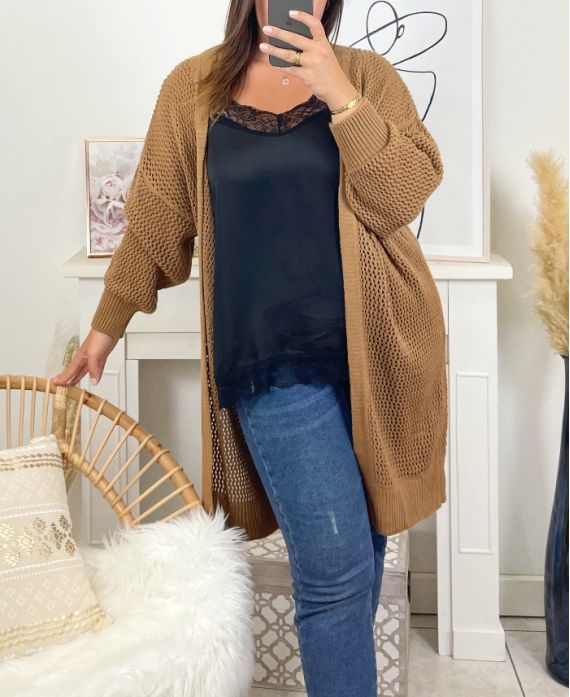 GRANDE TAILLE GILET LONG AJOURE 3016 CAMEL